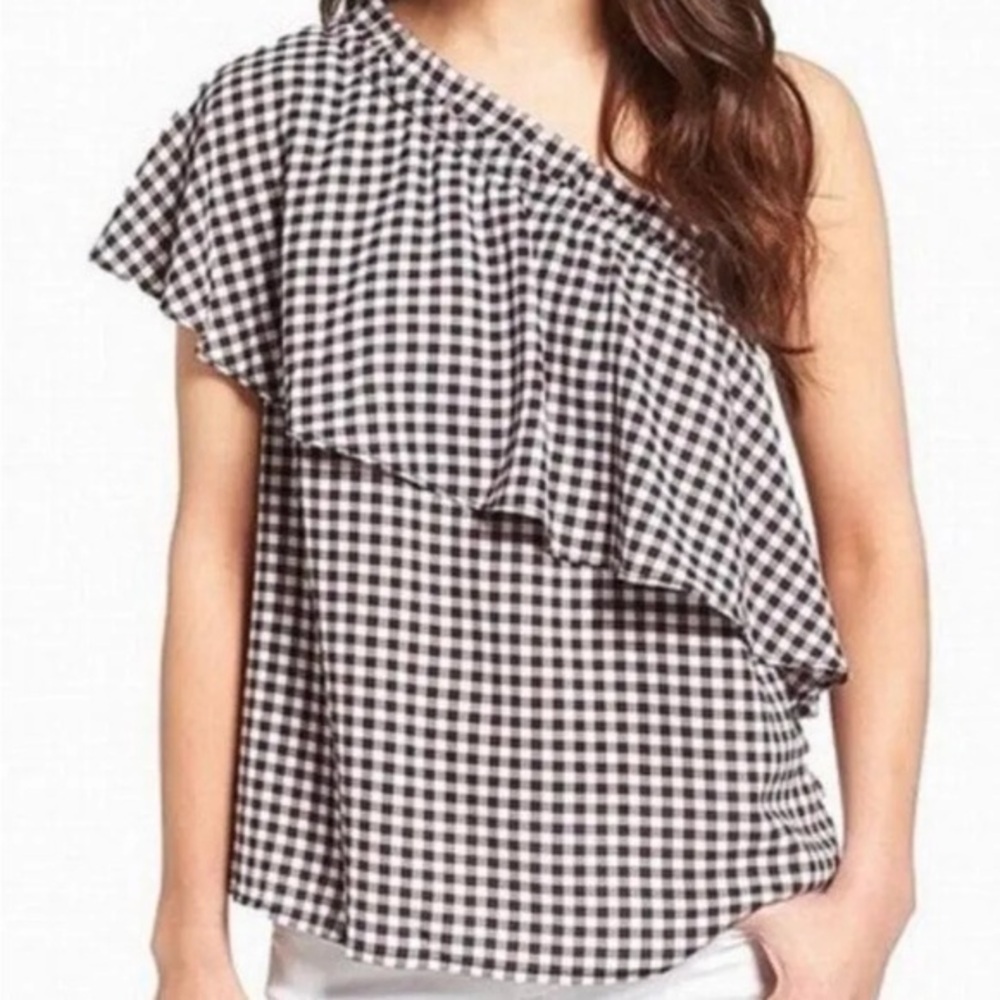 BP Black & White Gingham One Shoulder Blouse